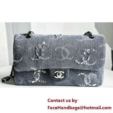 Chanel Embroidered Denim, Sequins & Silver-Tone Metal Classic Handbag A01112 Gray 2023